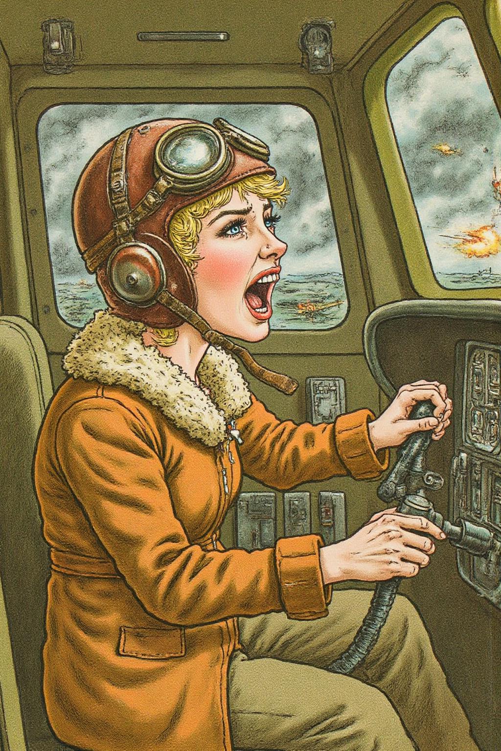 kategreenaway1 illustration. 
A female pilot screaming inside the cockpit of a World War II bomber. The pilot, wearing a vintage leather flight helmet with goggles and a bomber jacket, grips the controls with white-knuckled hands. Her face is contorted in a mix of fear and determination as she yells, her eyes wide with adrenaline. The cockpit is cramped and filled with old-fashioned dials and gauges, with the outside view showing dark stormy clouds and distant anti-aircraft fire 
  <lora:kategreenaway1_f16e6:1.0><lora:870951293739382424:0>