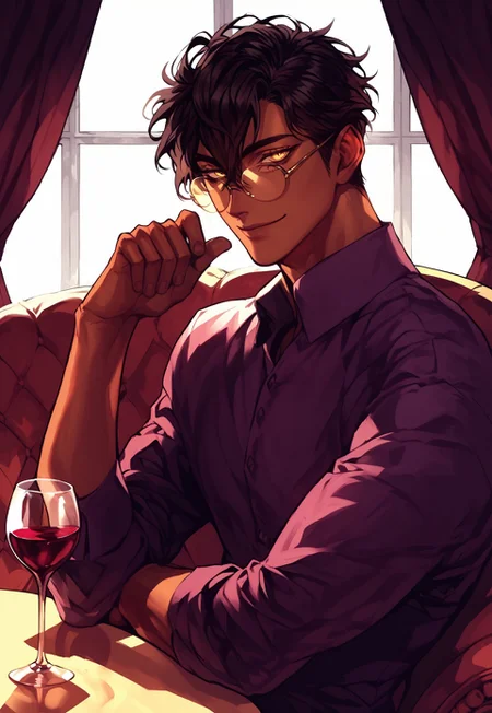safe_pos, score_9, score_8_up, score_7_up, anime, best quality, 1male, short hair, black hair, brown hair, hair between eyes, golden eyes, bright eyes, brown skin, handsome, brown eyelashes, long eyelashes, Roman nose, toned,
,
,
dynamic pose, character design, calm look, calm,
,
,
seductive smile, sitting on couch, looking at you, flirty, bright smile, elegant purple shirt, dark lighting, busy restaurant, wine glasses, table full of food,
