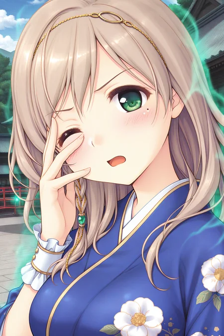 masterpiece, best quality, absurdres, official art, official style, rating general BREAK <lora:sarashinamutsumi_IL_v1-1:0.7>, sarashina mutsumi, 1girl, solo, green eyes, mole under eye, light brown hair, long hair, single braid, side braid, hair between eyes, swept bangs, head chain, gold trim, hair tubes, green gem, hair over shoulder, large breasts, medium breasts, open mouth, one eye closed, close-up, wrist cuffs, looking at viewer, blush, portrait, outdoors, hand up, fingernails, bridge, japanese clothes, upper body, reflection, tree, fence, glowing, sunlight, floral print, blue kimono, print kimono, aura, cloudy sky, covering one eye, hand over eye, wince, frown