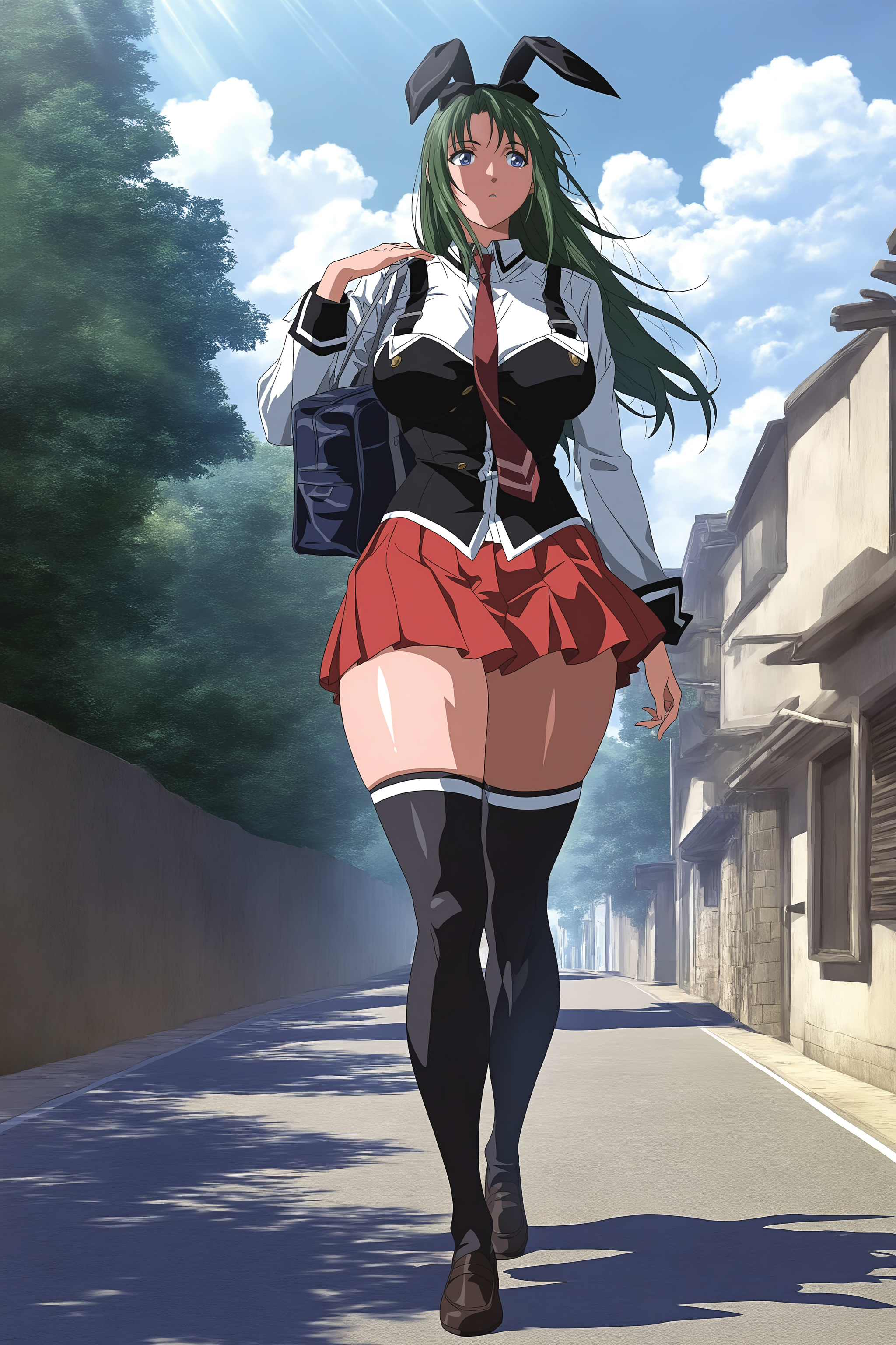 masterpiece, best quality, highres, absurdres,  very awa, bloom, shadow, 
1girl, ito mika, standing, full body, 
three quarter view, wind, walking, school bag over shoulder, carrying over shoulder,  arm at side, 
green hair, long hair, blue eyes, rabbit ear hairband,
thick thighs, shiny skin, large breasts, curvy, 
white shirt, red necktie, black vest, suspenders, red skirt, pleated skirt, black thighhighs, white trim, loafers, 
outdoors, cloudy sky, sidelighting, road, town, tree, day, sunlight,
 <lora:Ito Mika 3216 NoobAIXL Vpred:1>