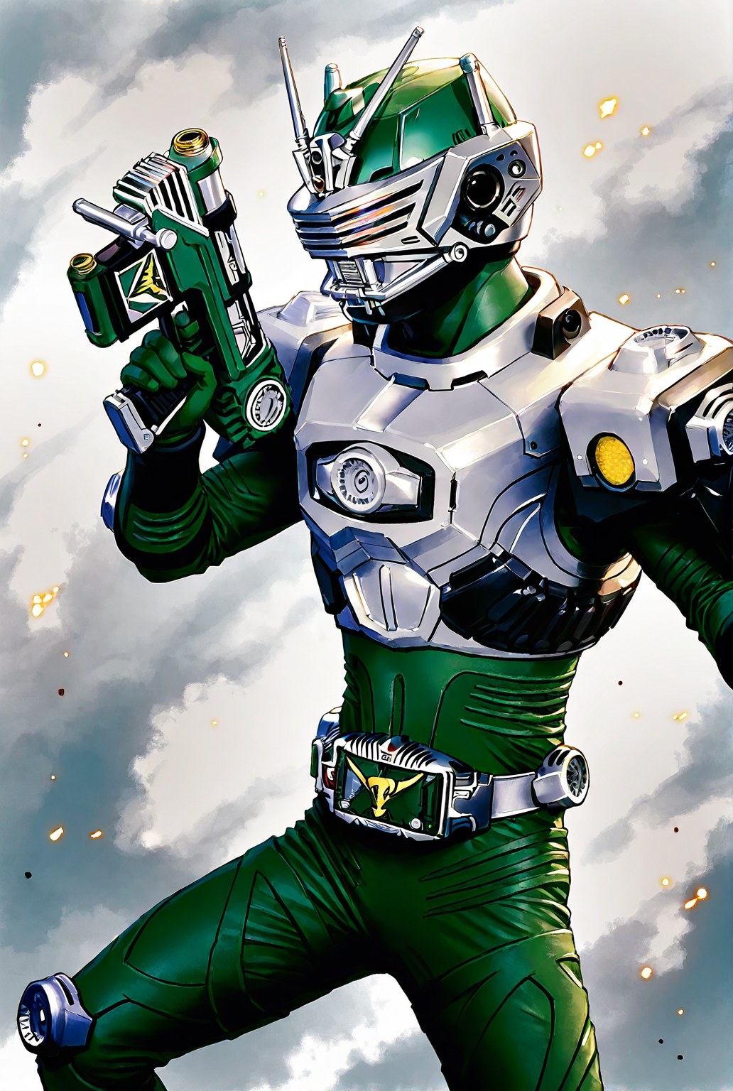 score_9,score_8_up,score_7_up,male focus,ultra-detailed,high resolution,digital painting,8k,1boy,solo,male focus,detailed face,armor,helmet,belt,antennae,bodysuit,green bodysuit,holding gun, gun,<lora:add-detail-xl:1>,<lora:Kamen Rider Zolda:0.7>,kamen rider zolda,