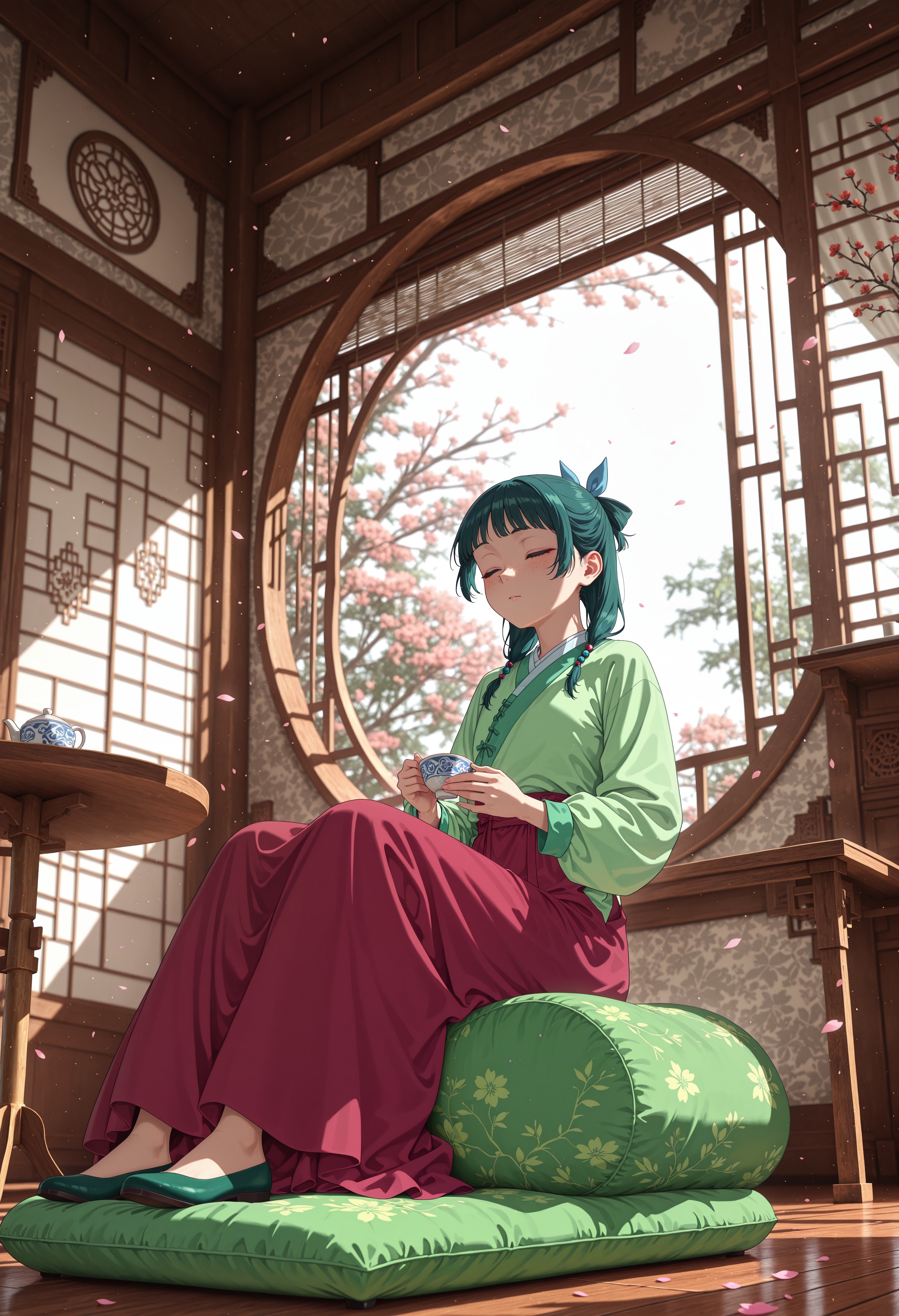masterpiece, best quality, amazing quality, very aesthetic, absurdres, dynamic angle, ultra-detailed, highly detailed, cinematic lighting, realistic shading, intricate details, soft lighting, high contrast, depth of field, perspective, 
BREAK
ADMao2, 1girl, green hair, blue eyes, freckles, flat chest, defaulthairstyle, low twintails, half updo, hair beads, blue hair bow, hair over shoulder, defaultoutfit, green aoqun, red long skirt, green flats, 
BREAK 
indoors, holding a porcelain teacup, sitting on a fluffy round cushion, eyes closed, bamboo screen, ornate wall, table, circle window, wooden floor, open window, spring garden view, plum blossoms, floating petals, 