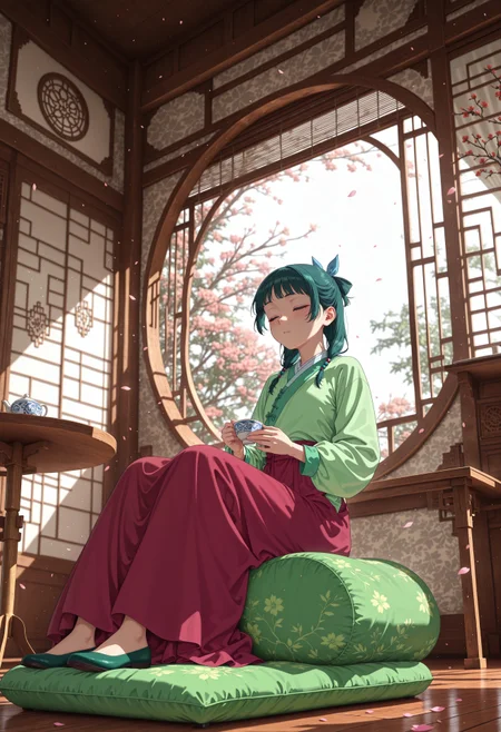 masterpiece, best quality, amazing quality, very aesthetic, absurdres, dynamic angle, ultra-detailed, highly detailed, cinematic lighting, realistic shading, intricate details, soft lighting, high contrast, depth of field, perspective,
BREAK
ADMao2, 1girl, green hair, blue eyes, freckles, flat chest, defaulthairstyle, low twintails, half updo, hair beads, blue hair bow, hair over shoulder, defaultoutfit, green aoqun, red long skirt, green flats,
BREAK
indoors, holding a porcelain teacup, sitting on a fluffy round cushion, eyes closed, bamboo screen, ornate wall, table, circle window, wooden floor, open window, spring garden view, plum blossoms, floating petals,