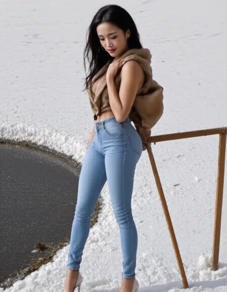 high angle,half profile picture of a model confidently Standinging besides a pond in a snow landscape. She placed her elbow akimbo with one hand,striking a seductive pose.She was wearing a gorgeous fur jacket on her upper body.,her skin is pale and her long,black,side swept,hair dances in the wind. she wears an,tight,jeans,meshing with her high heels and highlighting her toned body. her fur boa,puffy and voluminous,big,tight ass,hanging down her shoulders,flowing in the wind. near her a small pond with azure water,crystal clear and transparent,seemingly melting with the azure sky. the landscape lacks vegetation or rocks,consists of gentle harmonic snow hills. the image is very luminous and bright. the lighting soft and even,ethereal at times,highlighting clothing,skin and the soft snow shades. the image is an breathtaking blend of mysteriousness and fashion.,,,ABJeansBWFur,,aidmafluxproultra,,,,<lora:roundassv16_FLUX:0.7>,<lora:BustyWomen-v3:0.7>,<lora:aidmaFluxProUltra:0.4>,<lora:Beautiful and sexy lady-Flux:1>,<lora:ABJeansBWFur_rank16_bf16:1>,<lora:aidmaFluxPro1.1Stylev0.2:1>
