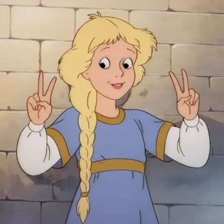 Ugly score_9_up, score_8_up, BREAK, PrincessCalla, retro artstyle, 1girl, solo, blonde hair, long hair, single braid, black eyes, dress, cowboy shot, <lora:PrincessCalla_GummiBears_PXL_Leaf1:1>, double v,