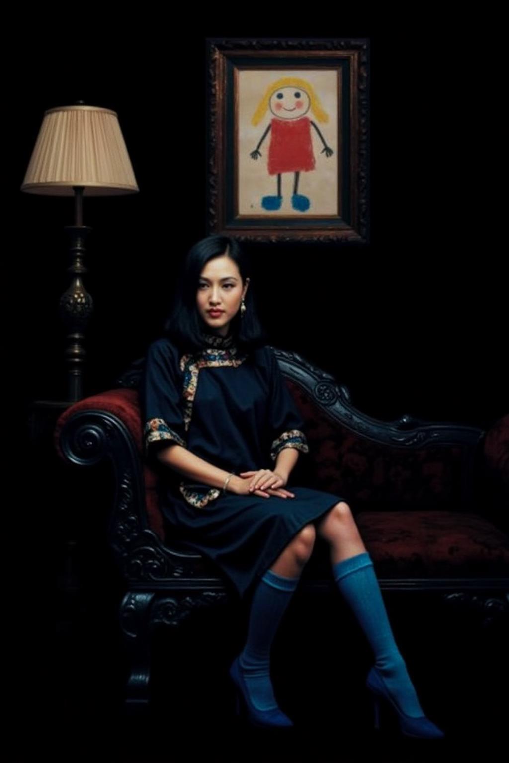 chenyifei1 painting.
A woman seated on an antique, dark wooden chaise longue. The woman has black, straight hair styled in a bob.. Her cheongsam is complemented by bright, vivid blue, knee-high socks. She is seated with her legs crossed. The background is a deep, dark black. To her left, there is a tall, ornate lamp with a beige, pleated shade. Above her, on the dark wall, hangs a classical painting--except, instead of a traditional scene, it is a crayon drawing, done by a child. The crayon drawing features a simple stick figure with a round head, straight lines for arms and legs, and a big smile. The drawing is childishly colorful, with bright red for the body, yellow for the hair, and blue for the shoes. The figure's eyes are represented by two large dots and the smile by a curved line <lora:chenyifei1_cap_d6a3:1.0><lora:839177193344054821:0>