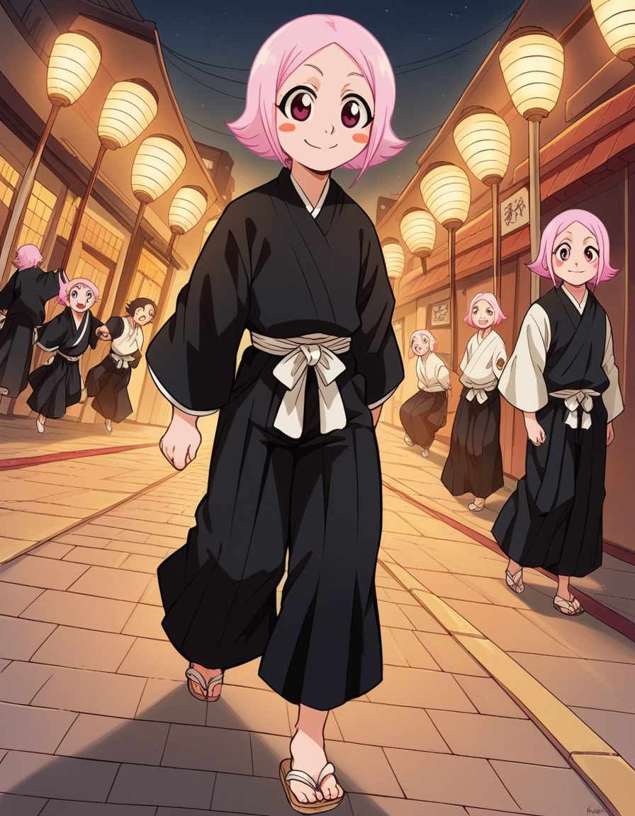 score_9, score_8_up, score_7_up, source_anime, <lora:yachiru-kusajishi-anime-ponyxl-lora-nochekaiser:1>, yachiru kusajishi, short hair, pink hair, pink eyes, blush stickers, forehead,, long sleeves, japanese clothes, hakama, black hakama,, city street, evening, streetlights, walking dog, quiet neighborhood, gentle breeze, smile, , foot on tiptoe, hand behind back, elbow bent, solo,, cowboy shot, dutch angle