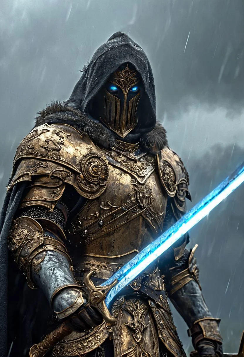 A stunning, highly detailed dark fantasy full body illustration of a proud angelical warrior wearing intricate medieval white HKStyle armor and a grim warrior face, holding a great golden glowing sword, golden and blue glooming eyes, very wide shoulders, wearing big gauntlets, epic composition. The warrior stands heroic with a flowing cloak and white hood during a storm with foggy gloom, thunderclouds in the background. The scene depicts him with brooding emotional agony. style by Greg Rutkowski, by Milo Manara and Russ Mills, with insanely intricate details and textures, gloomy dramatic lighting, 8K resolution