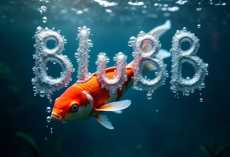 he word "blubb" made out of underwater bubbles, onomatopoeia, beautiful koi fish underwate, the air bubbles out of its mouth forming the word "blubb", magical, epic, hyperdetailed artistic, blubb in bubbly letter"
