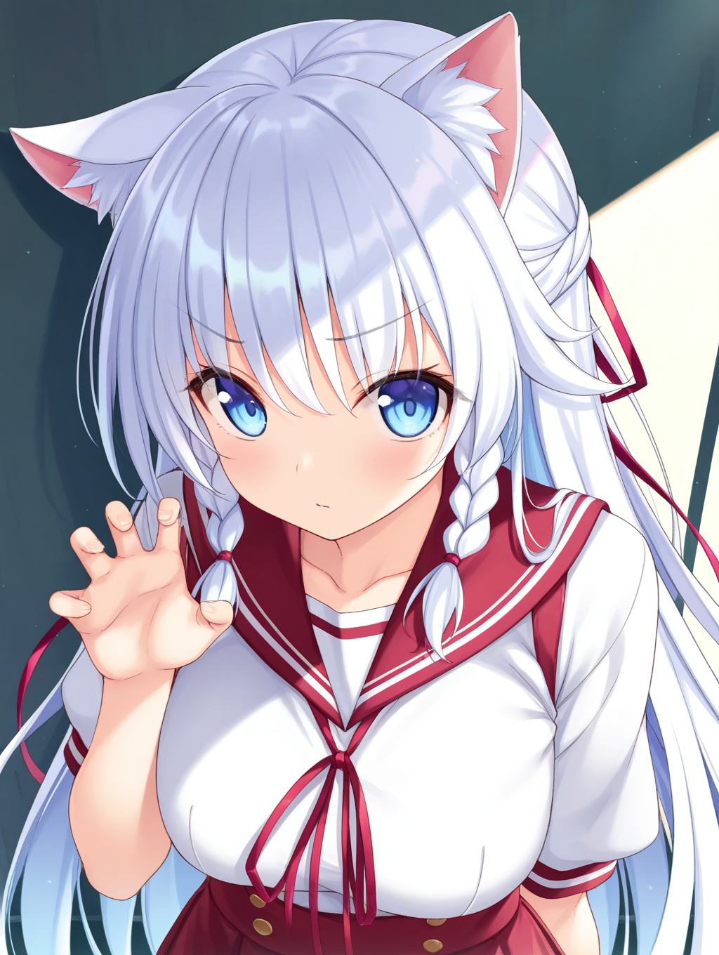 (masterpiece,best quality,ultra_detailed,highres,absurdres:1.2,amazing quality,very aesthetic),<lora:Konohana Saori ilxl_v1-000006:0.8>,1girl,solo,long hair,blue eyes,school uniform,braid,white hair,skirt,saori,ribbon,hair ribbon,red ribbon,looking at viewer,white shirt,cat ears,hand up,(clenched hand),upper body,standing,claw pose,