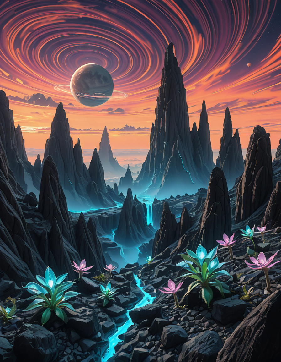A breathtaking alien planet with a surreal and otherworldly landscape. The terrain is vast and diverse, featuring towering jagged rock formations with glowing bioluminescent veins running through them. The ground is covered in a mix of iridescent sand and patches of strange, luminescent plant life that emit a soft, pulsating glow. In the distance, a massive gas giant with swirling colorful clouds dominates the sky, accompanied by multiple moons of varying sizes. The atmosphere is thick with misty, swirling vapors, casting an ethereal glow over the horizon. Floating islands hover in the sky, defying gravity, with cascading waterfalls that vanish into the mist below. Strange, spire-like structuresâeither natural formations or remnants of an ancient civilizationârise from the landscape, adding a sense of mystery. The sky is a mesmerizing blend of deep purples, blues, and fiery oranges, with twin suns casting dramatic, elongated shadows. The scene is immersive, evoking a sense of wonder and discovery on an uncharted alien world.
 <lora:SDXLFaeTastic2400:0.4> <lora:extremely_detailed:0.4> extremely detailed, <lora:alien_pl4n3t-ill:1>,alien pl4n3t, Masterpiece,best quality,hi res,8k,hi res,8k,award winning,(sharp focus, intricate, highly detailed),