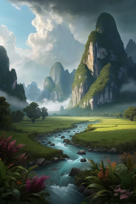 Vietnamese karst mountains emerging from pearl-mist rivers, mountainous_horizon, evening,weather raining indoors cinematic view, epic sky, detailed, concept art, medium angle, high detail, warm lighting, volumetric, godrays, vivid, beautiful, trending on artstation, by jordan grimmer, huge scene, grass,flower, art greg rutkowski,