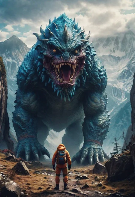 (Titan  Monster in landspace :1.0), montains, high quality, detailed background, 8k,35mm , giant out of focus background, detailed face,  detailedeyes,