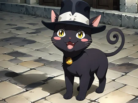 score_9, score_8_up, score_7_up, score_6_up, score_5_up, score_4_up, BREAK source_anime, 
 <lora:soul_eater_pony:0.8>,overall detail,detailed shadows,realistic lights,low contrast,
souleaterstyle,score_9,blair cat,solo,blush,smile,open mouth,hat,full body,yellow eyes,no humans,:3,blush stickers,cat,black cat,fedora,stone floor