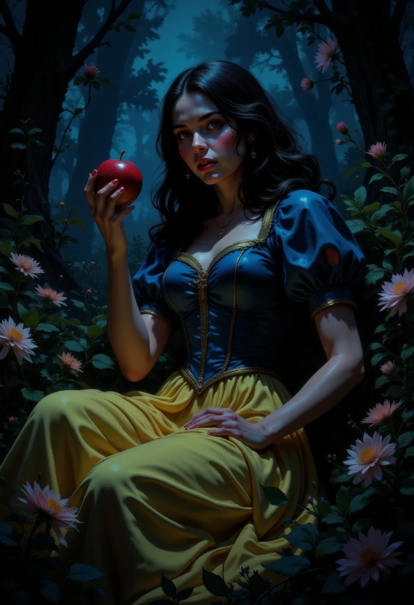 DGC style digital illustration, Magic style,
Close-up. cinematic photo.moody and gritty and dramatic oil painting of raven-haired Snow-White wearing the blue and yellow dress from the Disney movie peacefully lying in flowers and holding an apple, visible brushstrokes, atmospheric haze, limited palette, low key, moody lighting