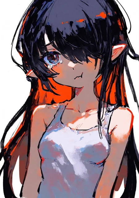 masterpiece, best quality, very aesthetic BREAK kiato, (ciloranko:.7), dino \(dinoartforame\), horror \(theme\), gritty, colorful, faux traditional media, painting \(medium\) BREAK 1girl, solo, hair over one eye, pointy ears, long hair, black hair, tank top, upper body, small breasts, pout, tearing up
<lora:noob05-kiato-unet only-feb18-step00002464:1>