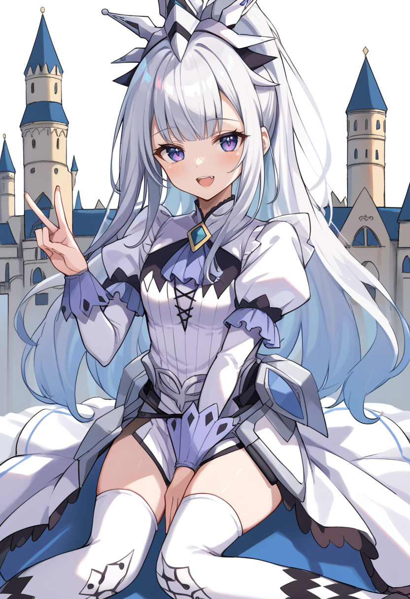 (score_9:0.9),score_8_up,score_7_up,rating_safe,anime style,(zPDXL),(zPDXL3),<lora:MALICE Queen White Binder ponyXL v1:0.65>,castle,mâlice queen white binder,1girl,solo,blush,sitting,smile,wariza,open mouth,looking at viewer,white thighhighs,:d,fox shadow puppet,white juliet sleeves,silver crown,blue ascot,white dress,white knee boots,v,