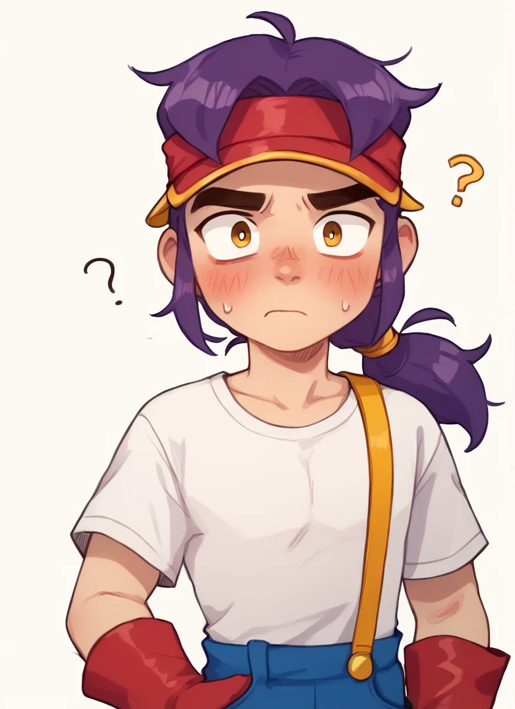 score_9, score_8_up, score_7_up, <lora:bsfang:1> , bsfng, ,1boy, purple hair, low ponytail, white shirt, red visor cap, red gloves, suspenders, blue pants, , <lora:PossumMachine:1>posmach , confused, blush, nervous, looking at viewer, solo , ???