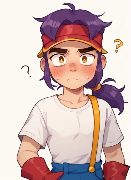 score_9, score_8_up, score_7_up, <lora:bsfang:1> , bsfng, ,1boy, purple hair, low ponytail, white shirt, red visor cap, red gloves, suspenders, blue pants, , <lora:PossumMachine:1>posmach , confused, blush, nervous, looking at viewer, solo , ???