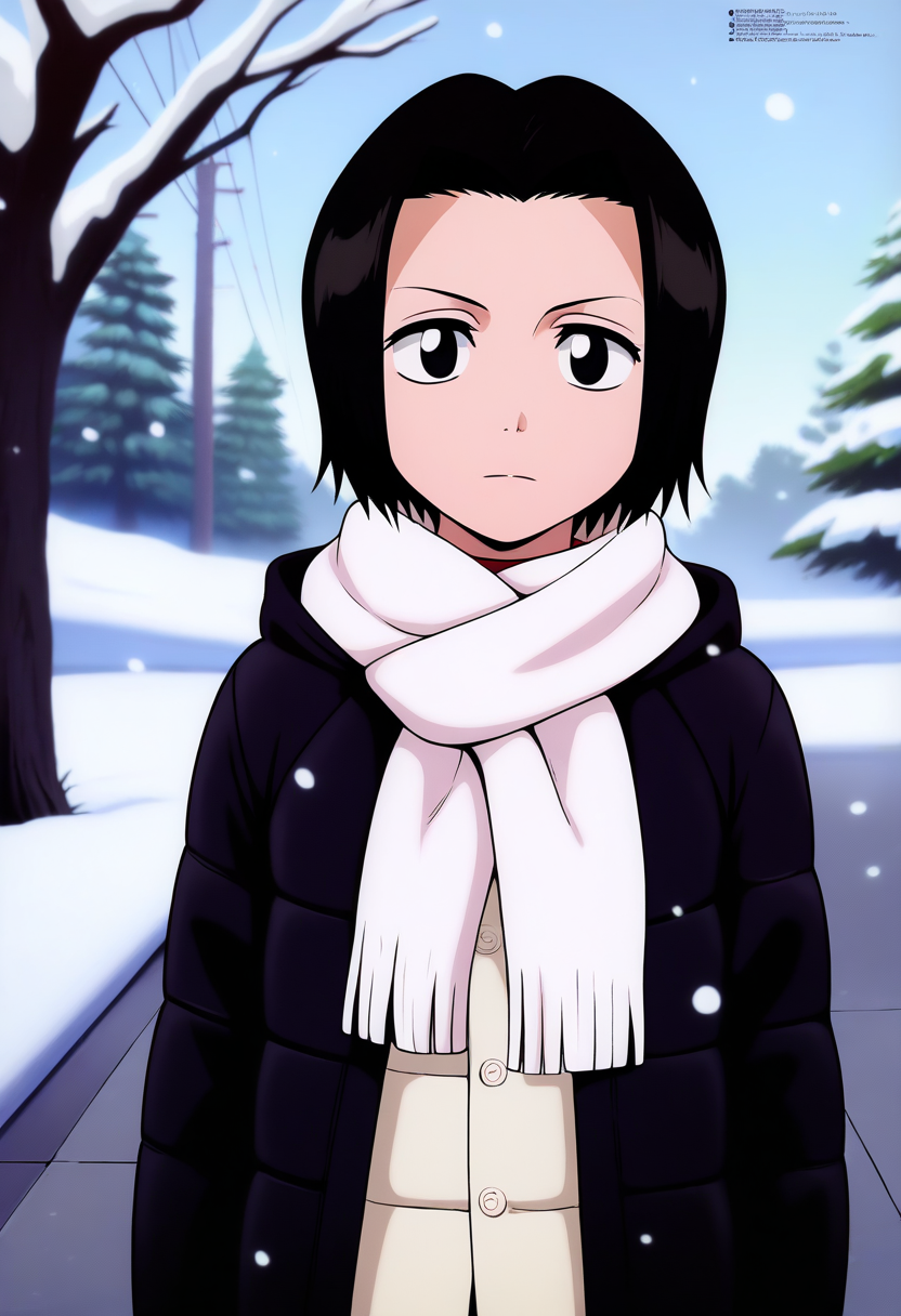 best quality, amazing quality, very aesthetic, absurdres,
1girl, karinkurosaki, black eyes, black hair, short hair,
winter clothes, white scarf, coat,
expressionless, looking at viewer, outdoors, snow, snowing, solo, tree, winter,  <lora:KarinKurosakiYoungNoobXL_byKonan:1>