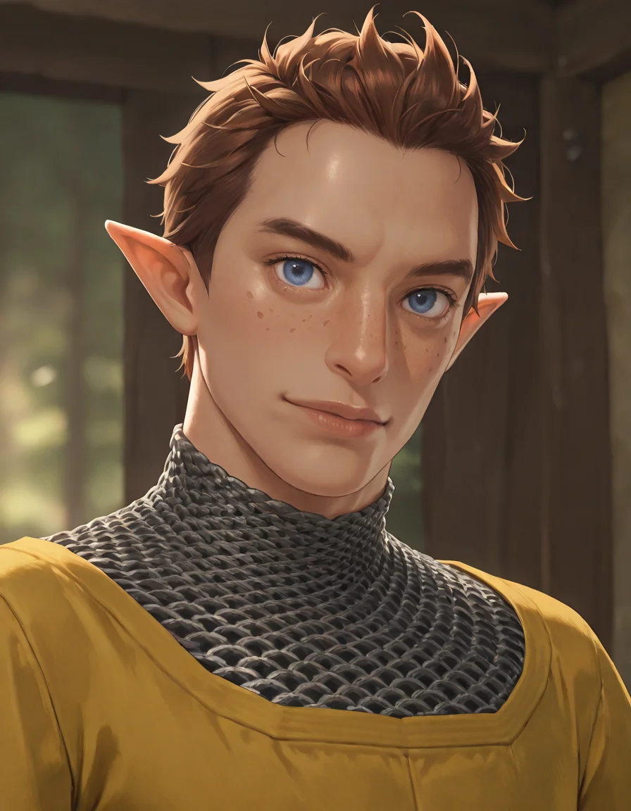 masterpiece, best quality, newest, perfect quality, best quality, detailed background, intricate details, male focus, realistic, <lora:Pipit - Zelda Skyward Sword - Illustrious-000006:0.8> ss_pipit, 1boy, mature male, pointy ears, brown hair, short hair, blue eyes, freckles, yellow tunic, chainmail undershirt, head tilt, looking at viewer, portrait