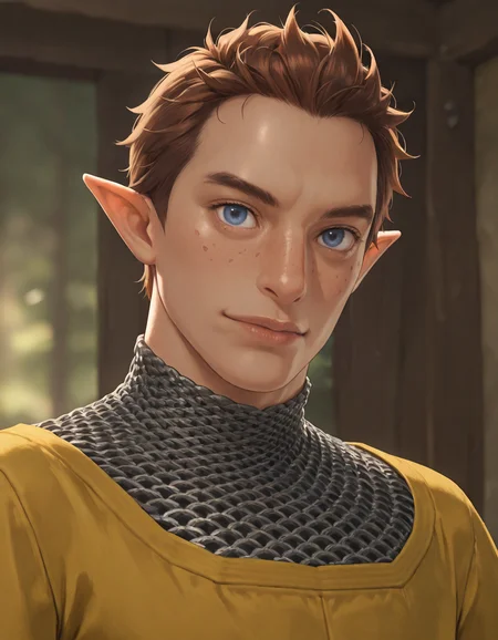 masterpiece, best quality, newest, perfect quality, best quality, detailed background, intricate details, male focus, realistic, <lora:Pipit - Zelda Skyward Sword - Illustrious-000006:0.8> ss_pipit, 1boy, mature male, pointy ears, brown hair, short hair, blue eyes, freckles, yellow tunic, chainmail undershirt, head tilt, looking at viewer, portrait