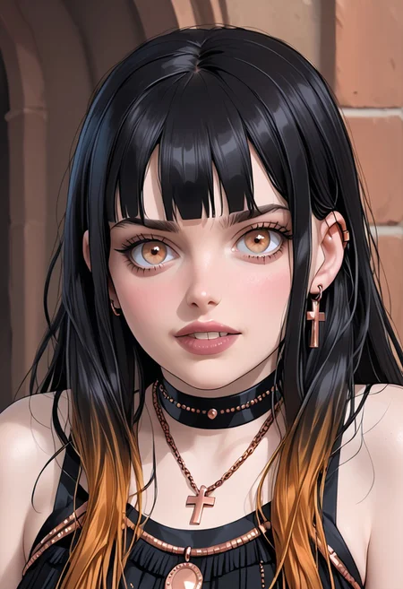 (1girl /(face:(Gilly:1.3) posing for pictures).
BREAK
source: Game of Thrones, source: actress images. Masterpiece, artistic, pin-up pose, focus on eyes, (very detailed face), solo, hyper realistic, (photo realistic).
BREAK
Gilly:( Gothic, face of ((CopperCharater)), (big teeth, (human), protruding ears:1.2, (human ears:1.3)), (black hair, orange IncursioDipDyedHair, long straight hair, copper hair ends, (bang fringe)), light eyes, hazel eyes:1.1, black-eyeliner, lipstick, (pale white skin), chubby, flat chest, narrow sholders, ((thick thighs)), (thin waist), ((wide hips:1.3)), /(black choker, Christian_cross pendant/), (copper (wedding-ring)), ((copper)) jewelry, (goth style), goth Native American clothes,goth clothes)