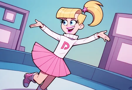 score_9, score_8_up, score_7_up BREAK VeroFOP, 1girl, blonde hair, blue eyes, ponytail, pink lipstick, long-sleeve white turtleneck sweater with pink D-logo, pleated pink skirt, pink white boots, dancing, music party,