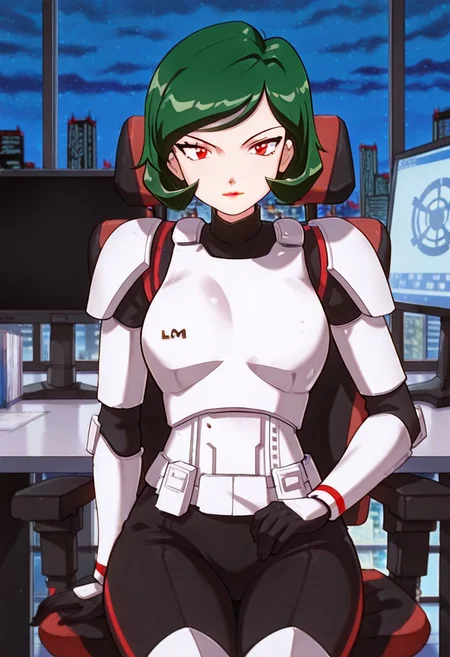 masterpiece, best quality, good quality, <lora:PMWendyIL:0.9>, PMWendy, 1girl, solo, green hair, short hair, red eyes, lipstick,stormtrooper, armor, white armor, black bodysuit, bodysuit under clothes,
looking at viewer, sitting, monitor
BREAK indoors, day, office, swivel chair, window, night sky, cityscape,