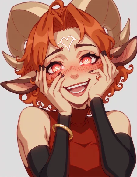 score_9, score_8_up, score_7_up, score_6_up,
Oveniya, red wavy short hair, fair skin, red turtleneck top, single gold bracelet on her wrist, sleeveless, black removable sleeves, horns
<lora:yandere-trance-ponyxl-lora-nochekaiser:0.9>, yandere trance, yandere, hands on own cheeks, hands on own face, crazy eyes, crazy smile, crazy, glowing eyes, symbol-shaped pupils, hand on own face, open mouth, glowing, blush, looking at viewer
<lora:Oveniya_XL:0.9>
<lora:cfg_scale_boost:0.4>