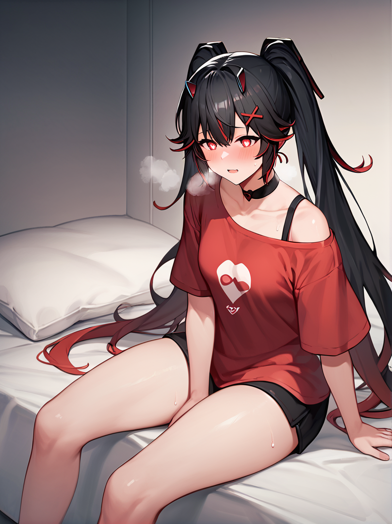 score_9, score_8_up, score_7_up, score_6_up, score_5_up, score_4_up, source_anime, plumebase, red eyes, long hair, black hair, two-tone hair, x hair ornament, twintails,
t-shirt, oversized shirt, blush, heavy breathing, thighs, sitting, parted lips, thick thighs, hearts, <3 eyes, horns
BREAK  bed
<lora:luciaplume-step00001600:1>