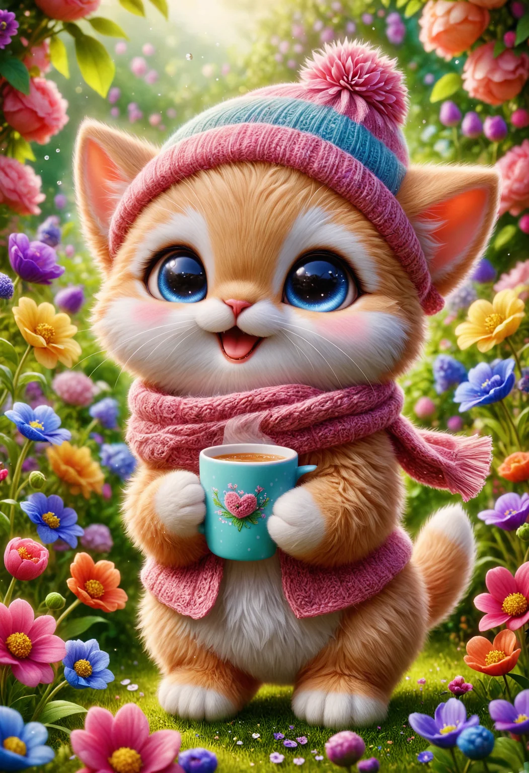 Kitten with a cup, wearing a knitted hat and scarf, hyper realistic soft toy on a flower garden background, very cute, happy and beautiful, cute detailed illustration expressing joy, fully dressed, tiny, cute scene, stunning, tiny detail, fluffy, beautiful art, 3d render, cinematic,
<lora:PinkieChbPtsSDXL:0.8>, p1nkch1b1p3ts, chibi animal,