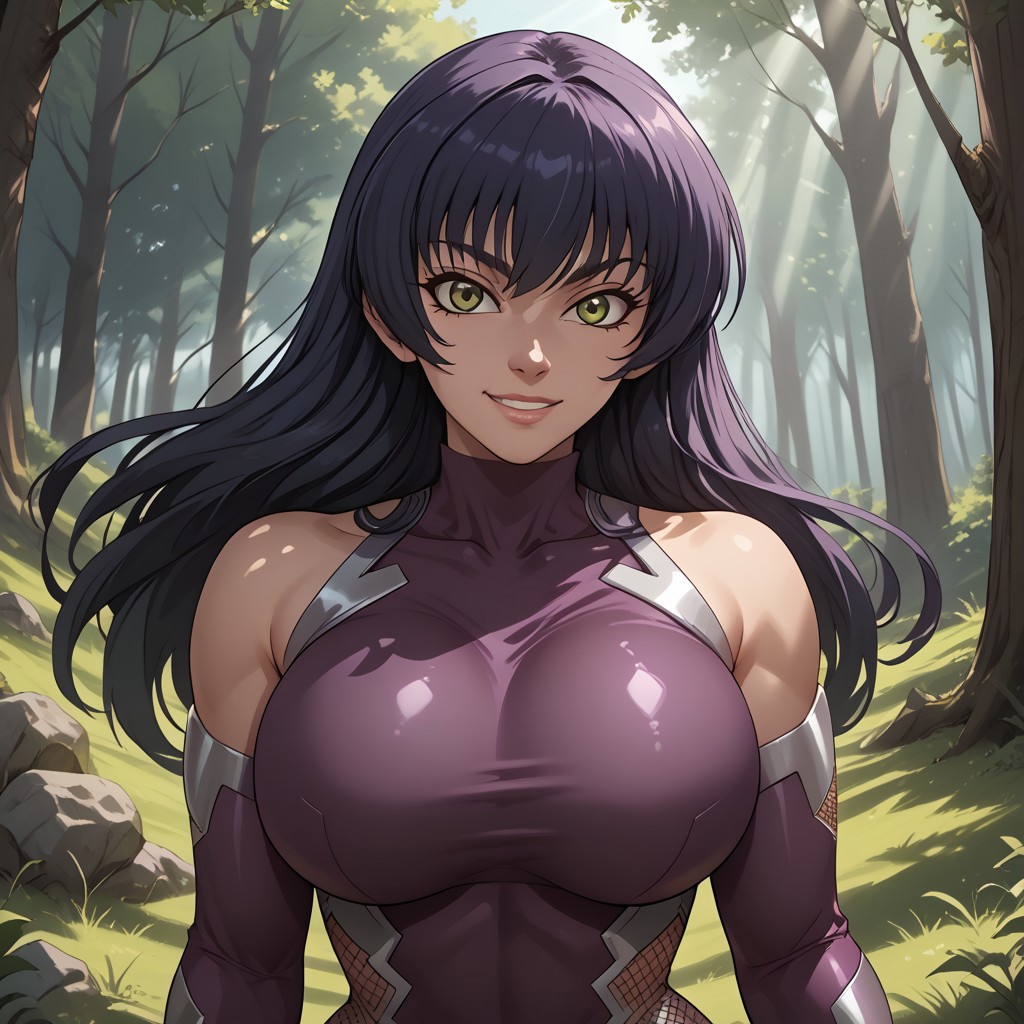 score_9, score_8, BREAK, solo, 1girl, Igawa_Asagi, long hair, taimanin suit, purple body suit, bare shoulders, standing, curves, big breasts, sexy pose, self portrait, smile, outdoors, sunlight, shadows, evening lighting, natural lighting, forest, trees, grass, sunset
