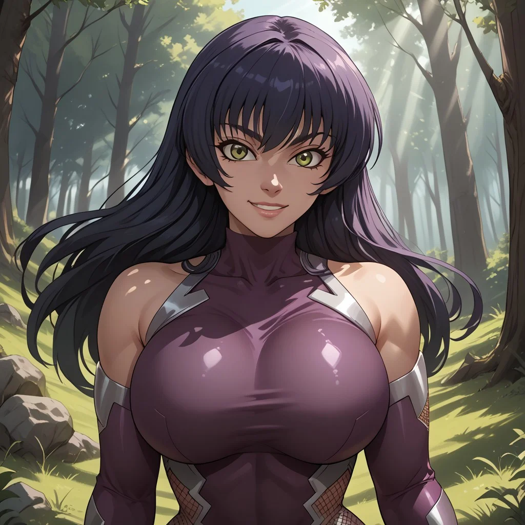 score_9, score_8, BREAK, solo, 1girl, Igawa_Asagi, long hair, taimanin suit, purple body suit, bare shoulders, standing, curves, big breasts, sexy pose, self portrait, smile, outdoors, sunlight, shadows, evening lighting, natural lighting, forest, trees, grass, sunset