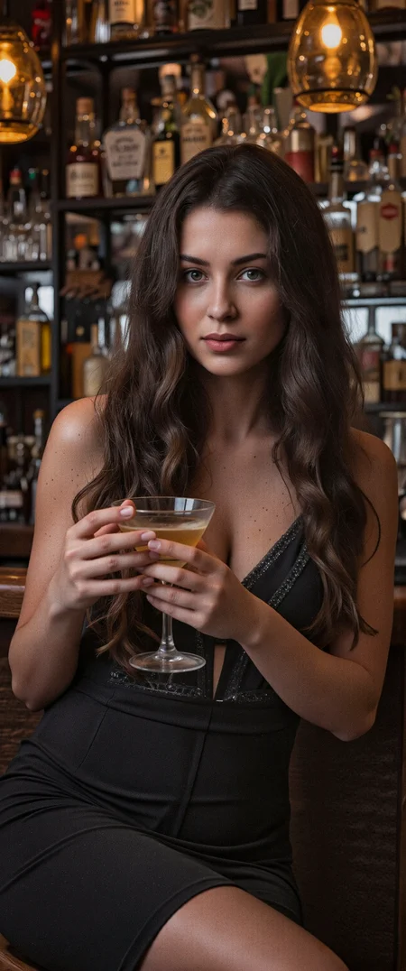 A dark bar, very little light, a Beautiful pale brunette woman, detailed skin, in a tight black dress, sitting at the bar, holding her martini. She is 30 years old with pale skin, red lips, smoky eyes. She has a come hither expression on her face.