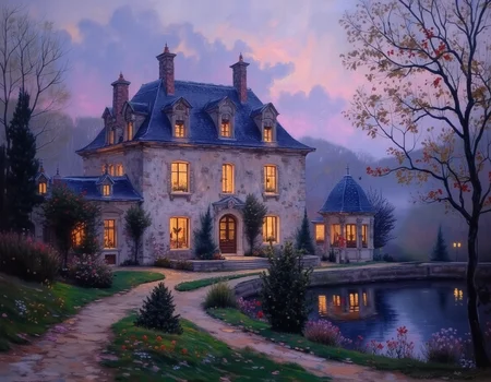 <lora:OBä¸ä¸çºªæ²¹ç»v1.1:1> OByouhua, oil painting
oil painting of a gorgeous French chateau, foggy, cloudy sky, well manicured garden and trees, window lit,