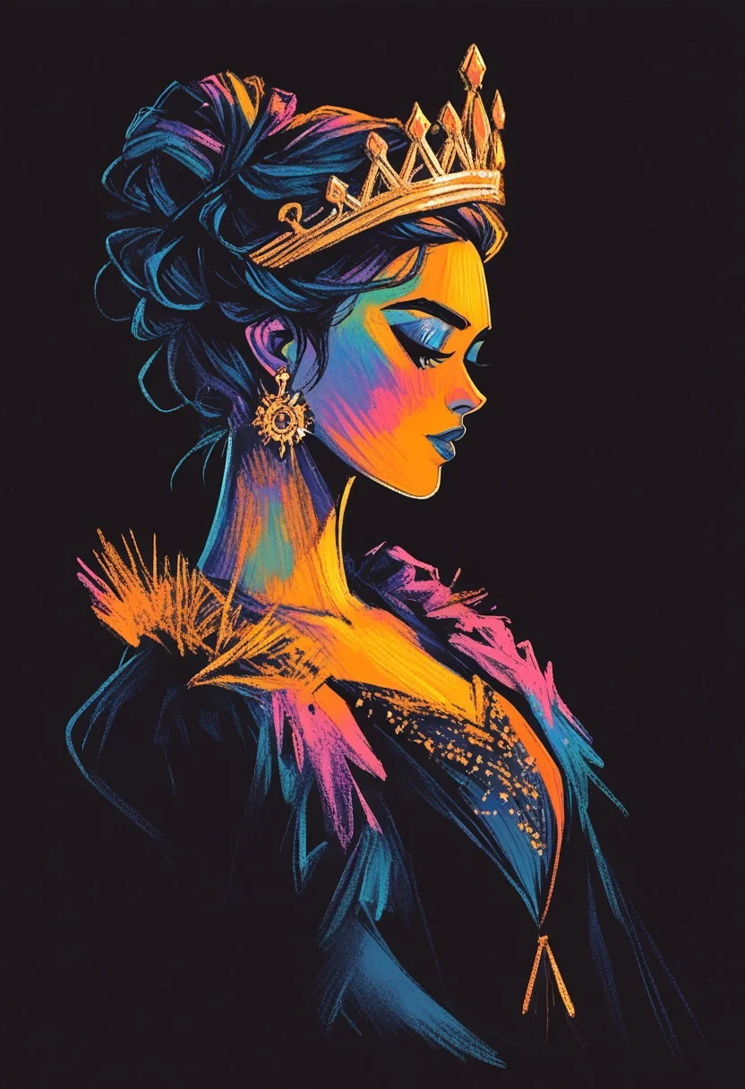 score_9, score_8_up, score_7_up, score_6_up, aesthetic, s1_dram, ncpy13 style, pastels drawing, deep black background, Using deep blue, gold and black colors create A beautiful young woman dressed as the queen of darkness sits on a throne made entirely of skulls. She's wearing a flowing black dress with gold accents and has a crown made of tiny bats perched atop her head. Her partner, a tall, lean man dressed as Dracula, stands behind her in the shadows. The style is a dark fantasy setting, upperbody portrait, elegant, intricate details.