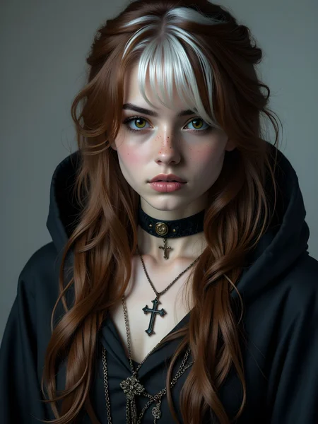 A captivating portrait of a goth-inspired Hermione Granger (Harry Potter), reimagined with ultra-HD quality and intricate details. She has long, bushy brown hair styled with a two-tone effect featuring striking streaks of white and multicolored highlights, with some strands elegantly draping over one eye. Her deep brown eyes exude intelligence and intensity, enhanced by her piercing gaze directly at the viewer. She wears a gothic necromancer dress paired with a flowing, dark cloak that adds an air of mystery. A choker with a delicate cross pendant adorns her neck, accompanied by layered necklaces and subtle jewelry that blend into her edgy aesthetic. The background is simple, a neutral grey that enhances the focus on her striking features and detailed attire. aidmaimageupgrader, aidmaMJ6.1m, detailmaximizer, mythp0rt, ne0nfant4sy, drkfnts <lora:aidmaImageUpgrader-FLUX-V0.2:0.8> <lora:aidmaMJ6.1_aidmaMJ6.1-FLUX-v0.4:0.8> <lora:v1v1dr34m:0.64> <lora:aesthetic2-cdo-0.5:0.74> <lora:mythp0rt_FluxMythP0rtr4itStyle:0.68> <lora:drkfnts style_sxz-Dark-Fantasy-v2-Flux:0.5>