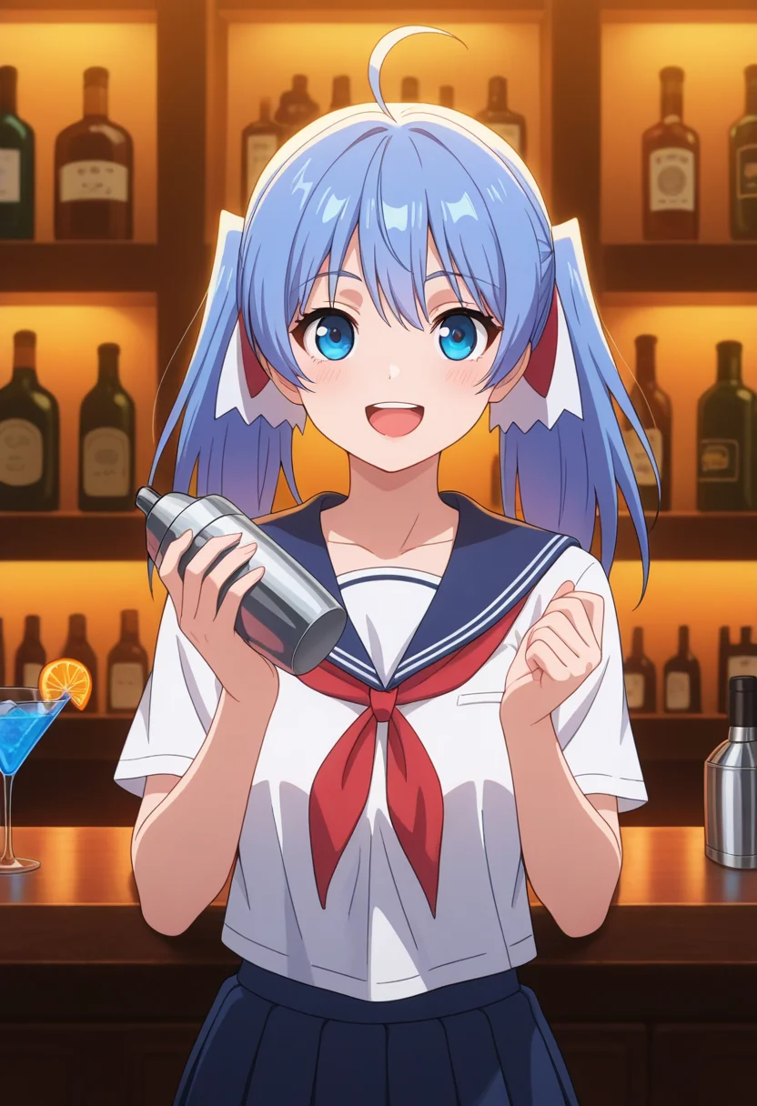 masterpiece, best quality, amazing quality, 1girl, solo, yuukoww, blue eyes, blue hair, long hair, twintails, multicolored hair ribbon, ahoge, serafuku, pleated skirt, <lora:Hattori_Yuuko_Ichiban_Ushiro_no_Daimaou_ill_v11:0.9>, cocktail glass, cocktail shaker, hands up, holding, smile, teeth, upper teeth only, open mouth, :d, looking at viewer, upper body, pov looking at bartender, indoors, bar \(place\), bartender, bottle, cup, drinking glass, shelf, counter, skindentation, detailed clothing folds, depth of field, sharp, high contrast, dynamic light