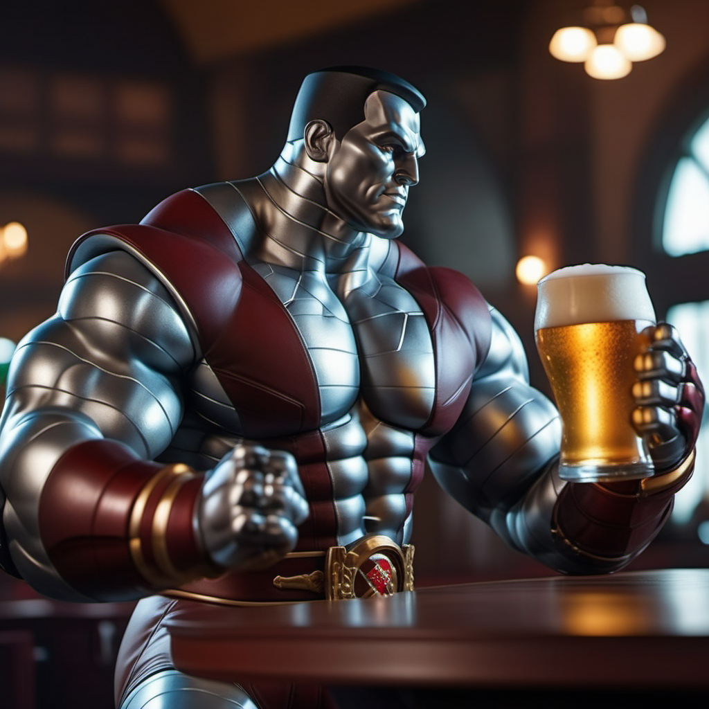 Colossus1024, a muscular metalic man drinking a beer in a pub, highly detailed, photography, ultra sharp, film, bokeh, professional, 64k   <lora:Colossus1024:0.8>