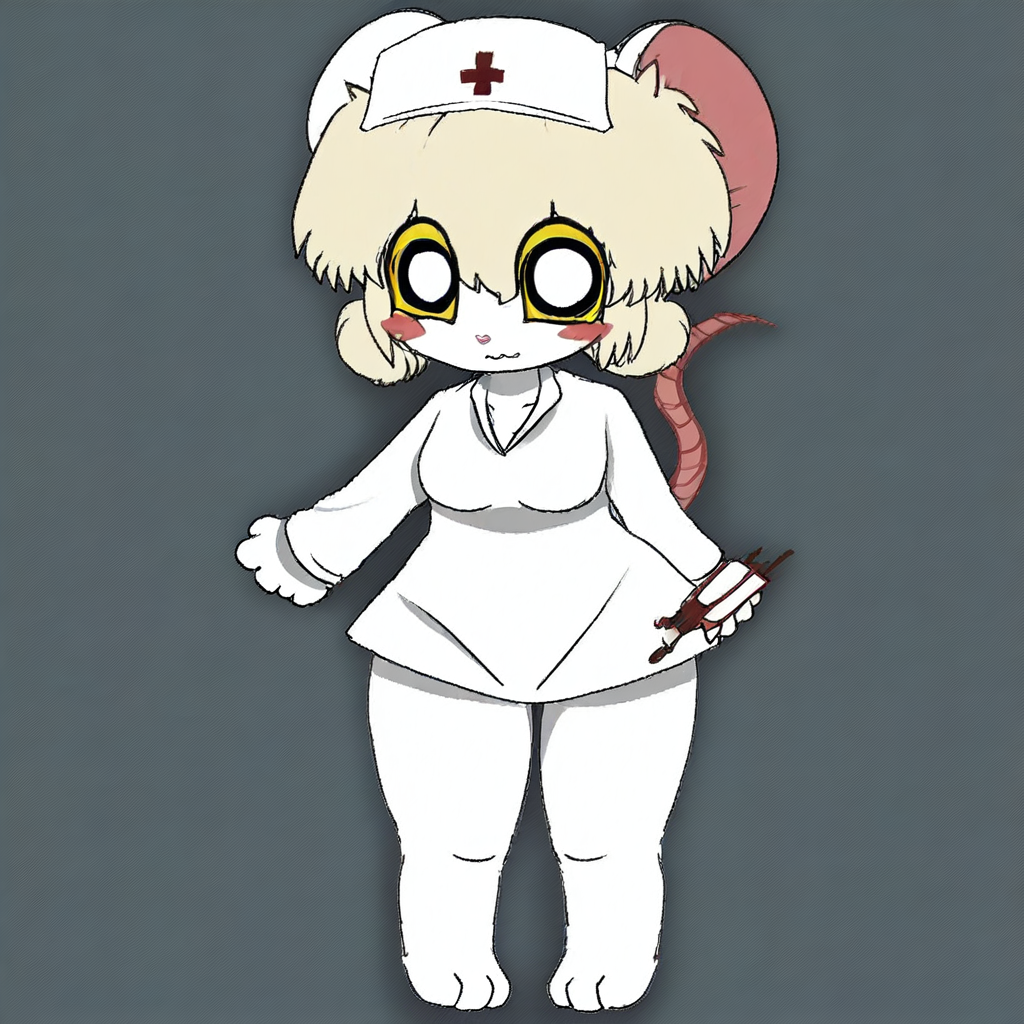 anthro mouse, paw pads, white body, , chibi proportions, yellow and black eye markings, blonde hair, furry, mouse tail, nurse uniform, round eyes, blush stickers