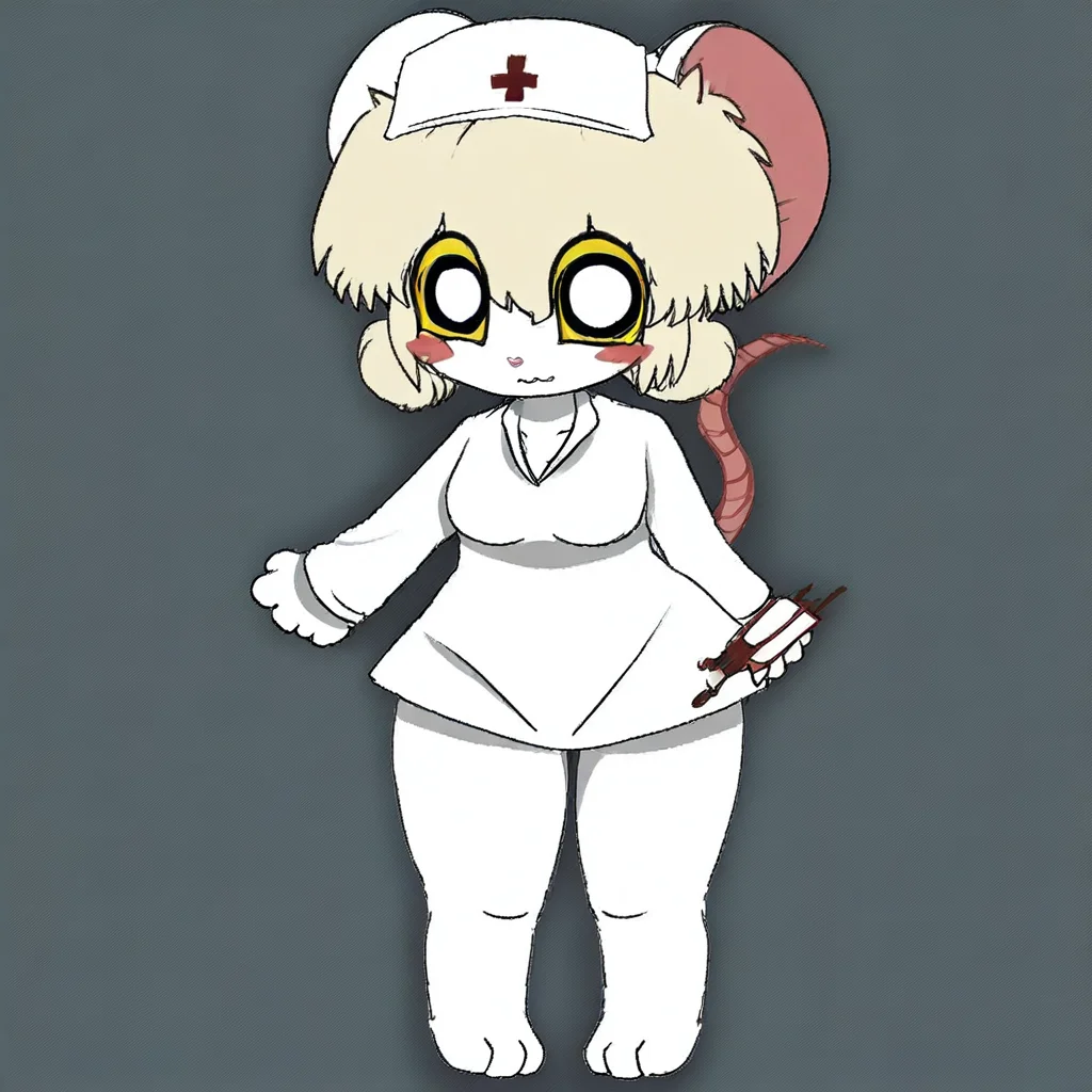 anthro mouse, paw pads, white body, , chibi proportions, yellow and black eye markings, blonde hair, furry, mouse tail, nurse uniform, round eyes, blush stickers