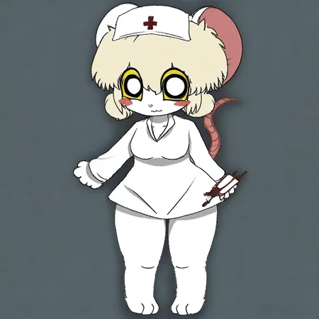 anthro mouse, paw pads, white body, , chibi proportions, yellow and black eye markings, blonde hair, furry, mouse tail, nurse uniform, round eyes, blush stickers