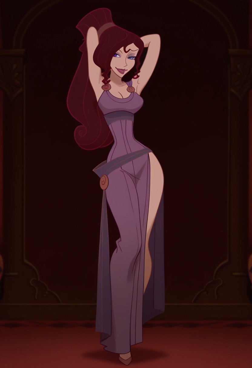 1girl, masterpiece, best quality, amazing quality, absurdres, <lora:Megara__Illustrious:1> m3g4r4, megara (hercules disney), long hair, tied hair, brown hair, purple eyes, purple Greek dress, cleavage, sexy makeup, lipstick, smiling, full body, flirtatious, seductive, arms behind head,