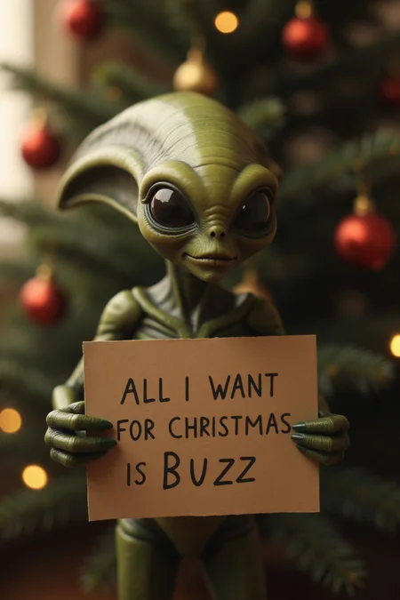 christmas time, most perfect looking strange, very intricate, Alien from the movie Alien holding a sign that says "ALL I WANT FOR CHRISTMAS IS BUZZ", with a christmas tree in the background blurred