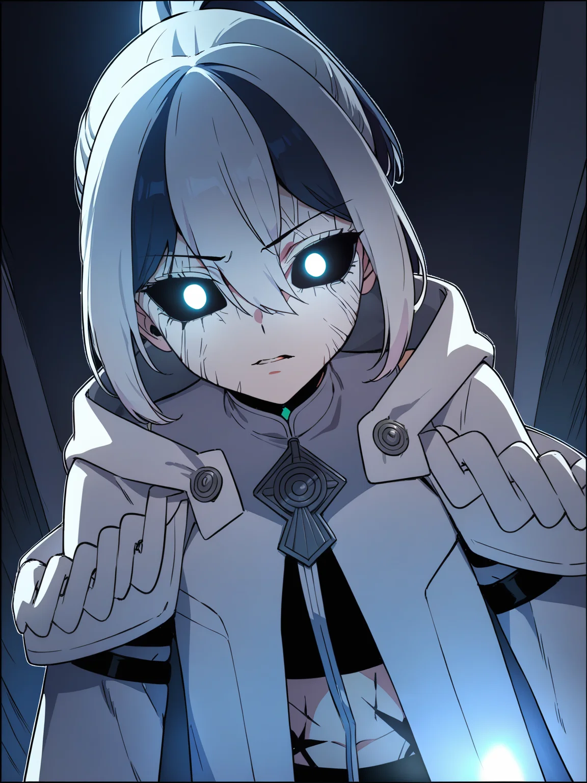 masterpiece,best quality,bedroom,standing, upper body,
 <lora:kong_xl:0.8>,thrud kong, 1girl, solo, manga kong, kong3, blue eyes, cracked skin, black sclera, multicolored hair, glowing, white jacket, colored sclera, jacket, glowing eyes, ponytail, white hair