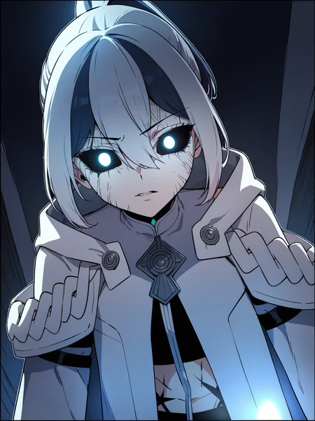 masterpiece,best quality,bedroom,standing, upper body,
<lora:kong_xl:0.8>,thrud kong, 1girl, solo, manga kong, kong3, blue eyes, cracked skin, black sclera, multicolored hair, glowing, white jacket, colored sclera, jacket, glowing eyes, ponytail, white hair