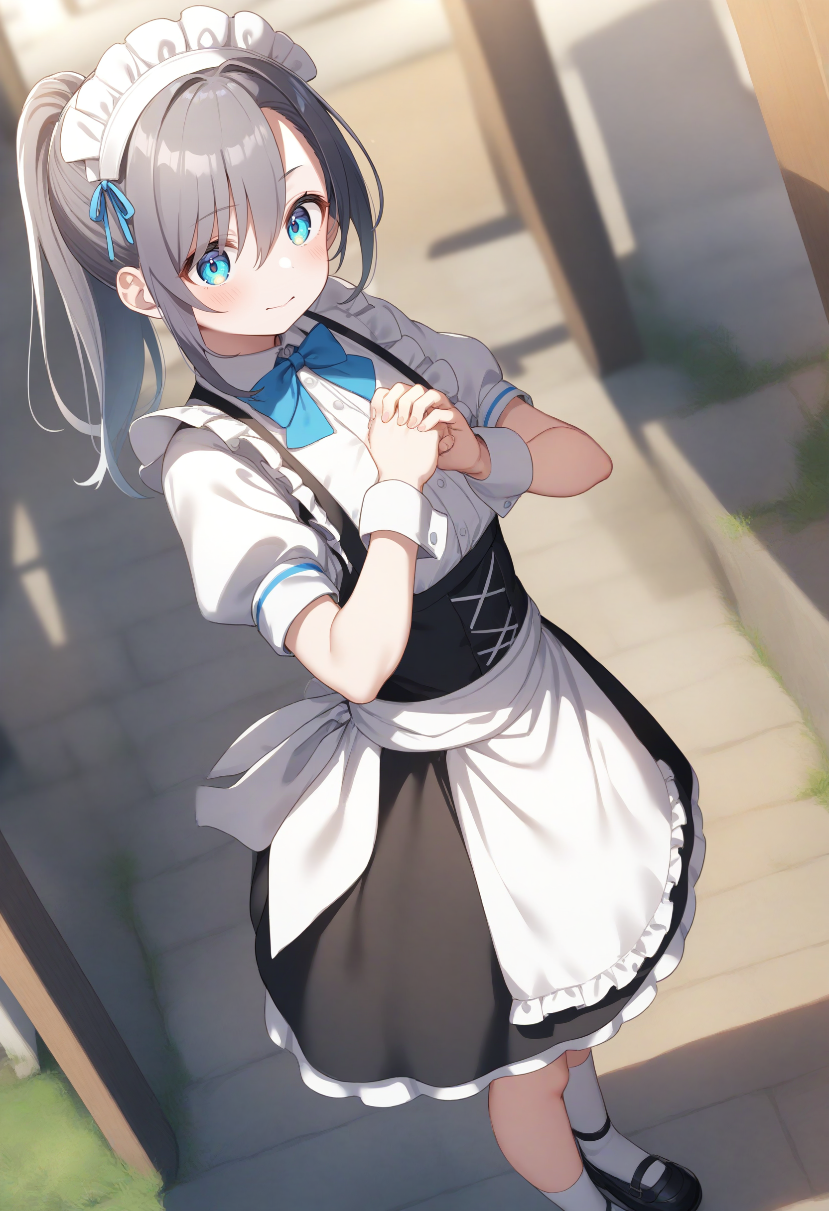1girl,sincos, ningen mame, toosaka asagi,solo,medium breasts,20yo,maid,maid headdress,
cracking knuckles, own hands together, fist in hand,<lora:crackingknuckles_XL_v1:0.8>
from above, panorama shot, looking back, silver hair, blue eyes,giggling, residential area, closed mouth, ponytail hair,,
best quality, very aesthetic, absurdres
