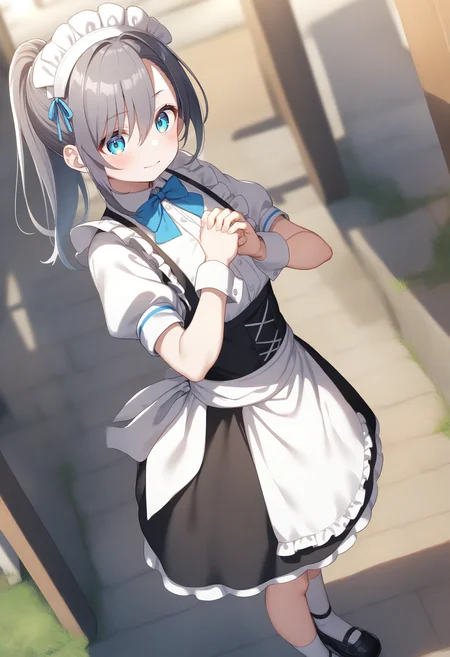 1girl,sincos, ningen mame, toosaka asagi,solo,medium breasts,20yo,maid,maid headdress,
cracking knuckles, own hands together, fist in hand,<lora:crackingknuckles_XL_v1:0.8>
from above, panorama shot, looking back, silver hair, blue eyes,giggling, residential area, closed mouth, ponytail hair,,
best quality, very aesthetic, absurdres