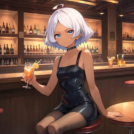 score_9, score_8_up, score_7_up, score_6_up, score_5_up, score_4_up, BREAK source_anime, look at viewer, rating_safe, 1girl, solo, bar, indoors, sitting, hold glass, masterpiece, best quality, high detailed skin, secelia dote, dark skin, short hair, white hair, ahoge, blue eyes, black dress, black pantyhose, choker, sleeveless,